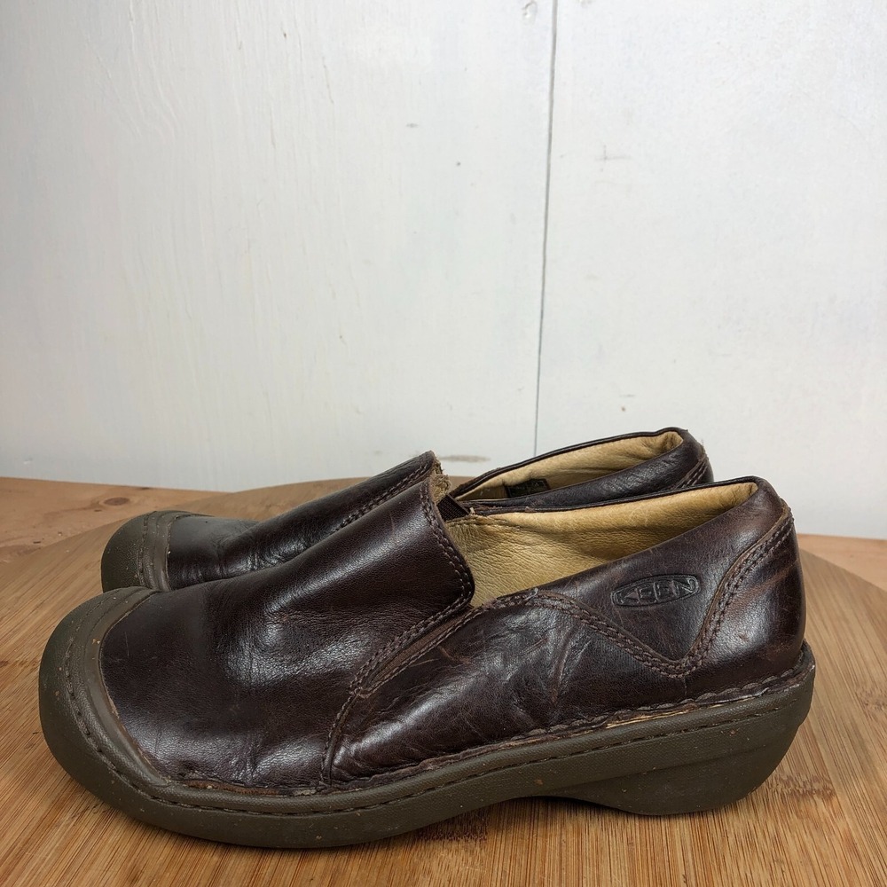 keen womens size 6.5 shoes brown leather slip on comfort wedge work loafers